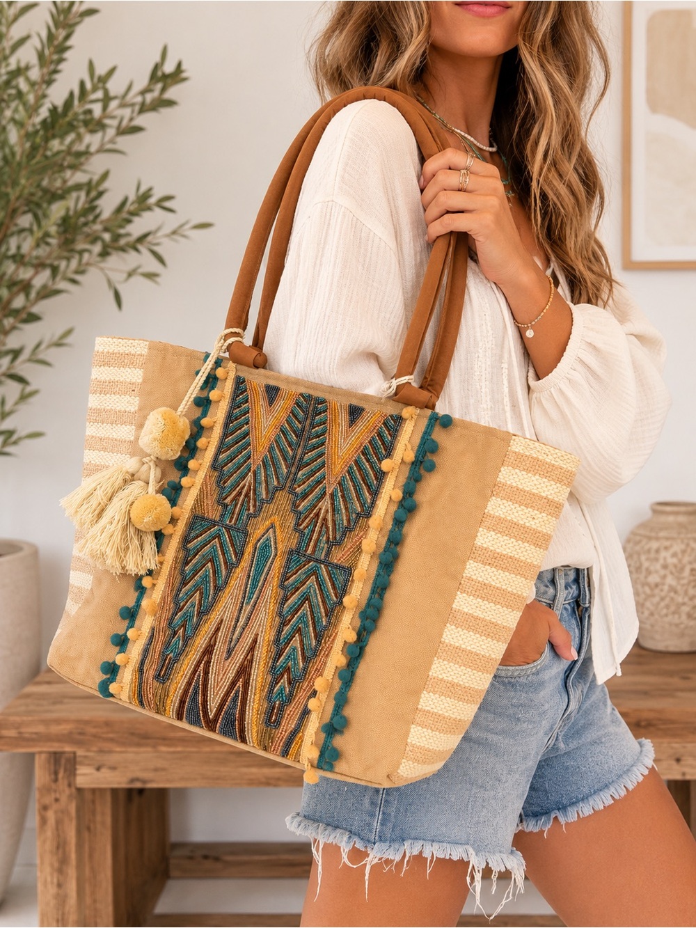 NWT | Camel Threads Beaded Boho Tote Bag